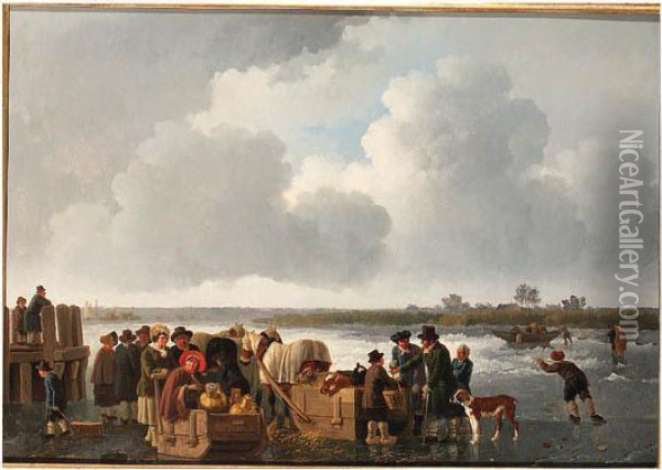 A Winter Landscape With 
Cattle-traders And Push- And Horse-drawnsledges On A Frozen River Oil Painting - Leendert de Koningh