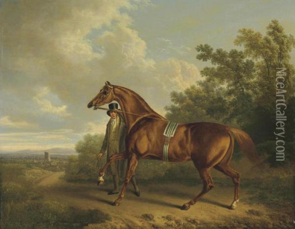 A Chestnut Hunter And His Groom In A Landscape Oil Painting - Charles Towne