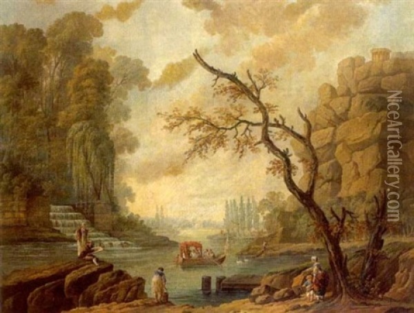 Paysage, Lac Anime De Barques, Sur Le Rivage Peintre Dessinant Oil Painting - Hubert Robert