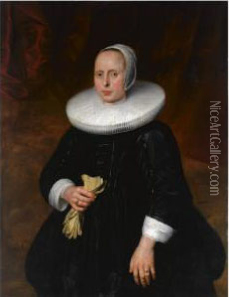A Portrait Of A Lady, Standing 
Three-quarter Length, Wearing A Black Dress With A Mill-stone Collar And
 A White Bonnet, Holding Gloves Oil Painting - Thomas De Keyser