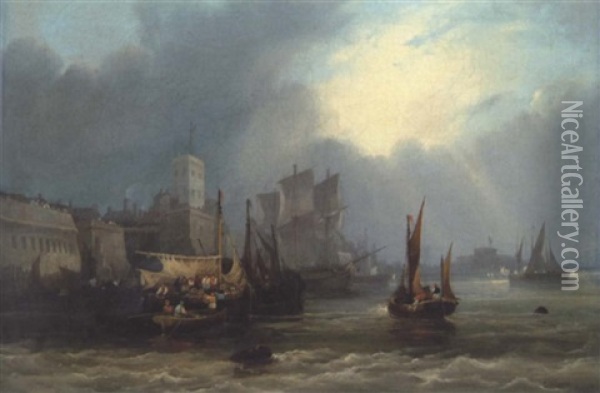 Shipping Off Portsmouth Harbour Oil Painting - Edward William Cooke