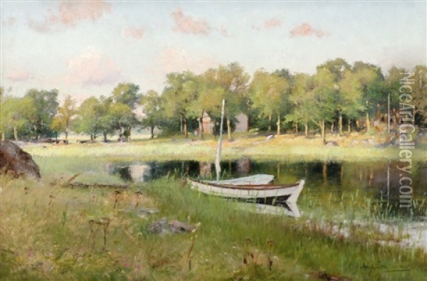 Flodlandskap I Aftonsol Oil Painting - Axel Lindman