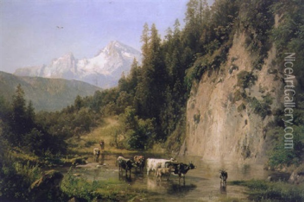 Cattle Watering In A Mountainous River Landscape Oil Painting - Hermann Herzog