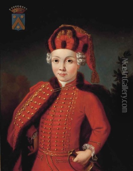 Portrait Of A Young Gentleman, Half-length From The Guillaume De Chavaudon De Sainte Maure Family, In Husar Costume, His Left Hand Resting On The Hilt Oil Painting - Alexander Roslin