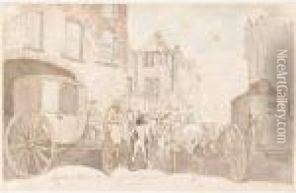 Sir Patrick Bellew's Departure From The Swann Inn, Birmingham Oil Painting - Thomas Rowlandson