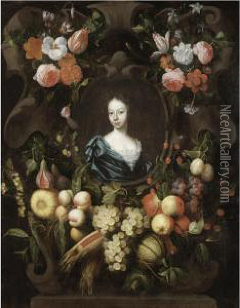 Portrait Of A Lady, Head And Shoulders, Surrounded By A Stone Cartouche And Garlands Of Fruit And Flowers Oil Painting - Frans Van Everbroeck