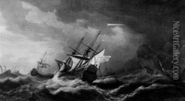 An English Ship In A Gale Trying To Claw Off A Lee Coast Oil Painting - Cornelis van de Velde