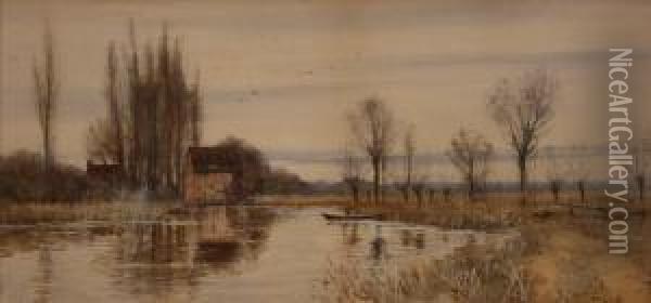 View Of A River With Figure In A Punt Near A Mill Oil Painting - Robert Winter Fraser