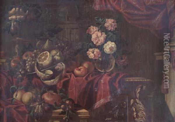 Composizione Di Frutti E Fiori Su Velluti Oil Painting - Meiffren (Ephren) Conte (Leconte)
