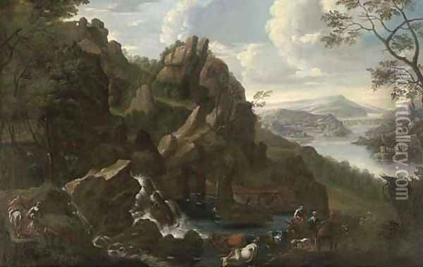 An extensive mountainous landscape with travellers and their cattle by a waterfall Oil Painting - Willem de Heusch