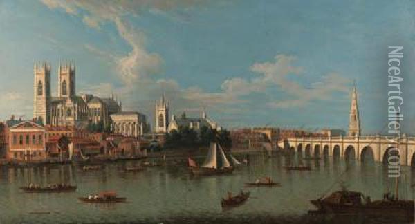 View Of Westminster From Lambeth, With Westminster Abbey, St.margaret's, Westminster Hall, St. Stephen's Chapel, The Banquetinghouse, St. Martin's-in-the-fields, And Westminster Bridge, Withboats On The River Thames In The Foreground Oil Painting - Joseph Nicholls