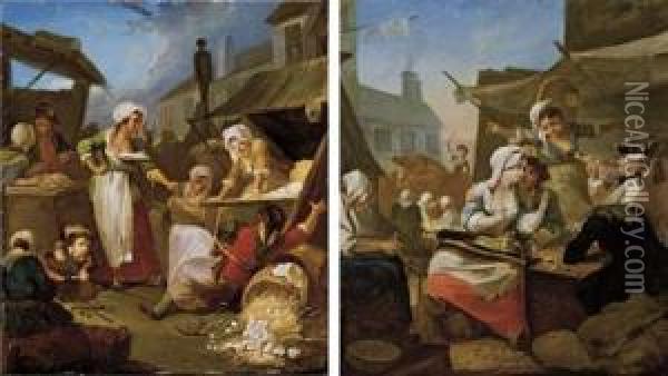 A Country Market Scene With A 
Maid Overturning A Basket Of Eggs; And A Market Scene With Peasants 
Drinking And Music-making At A Table Oil Painting - Etienne Jeaurat