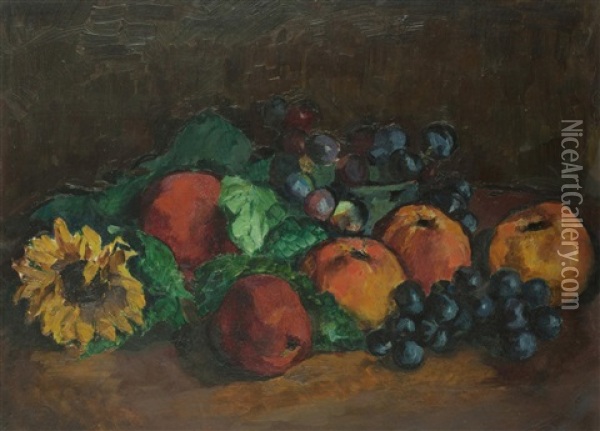Herbstliches Stillleben Mit Apfeln, Weinreben Und Sonnenblume Oil Painting - Antonin Prochazka