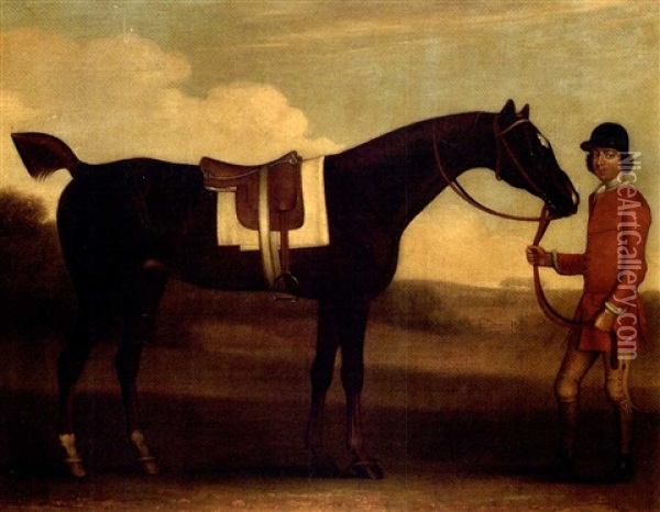 A Groom Holding A Liver Chestnut Hunter, In A Landscape Oil Painting - James Seymour