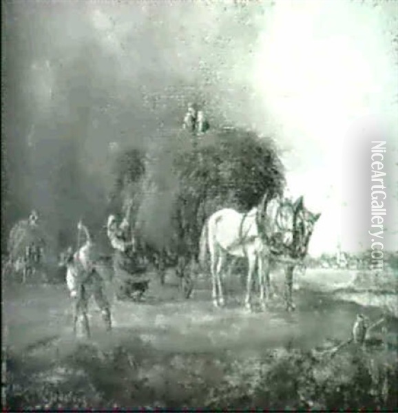 Heuernte. Bauern Laden Heu Auf Einem Pferdewagen Oil Painting - Ludwig Mueller-Cornelius
