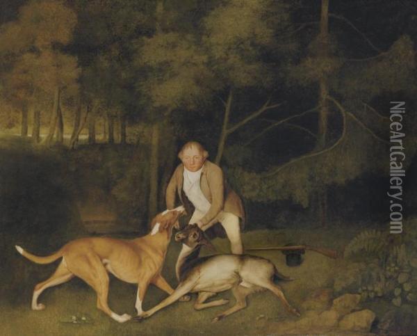 Thomas Freeman, Lord Clarendon's
 Gamekeeper, With A Dog And A Shotdoe In A Wooded River Landscape, His 
Gun And Hat Beside Him Oil Painting - George Stubbs
