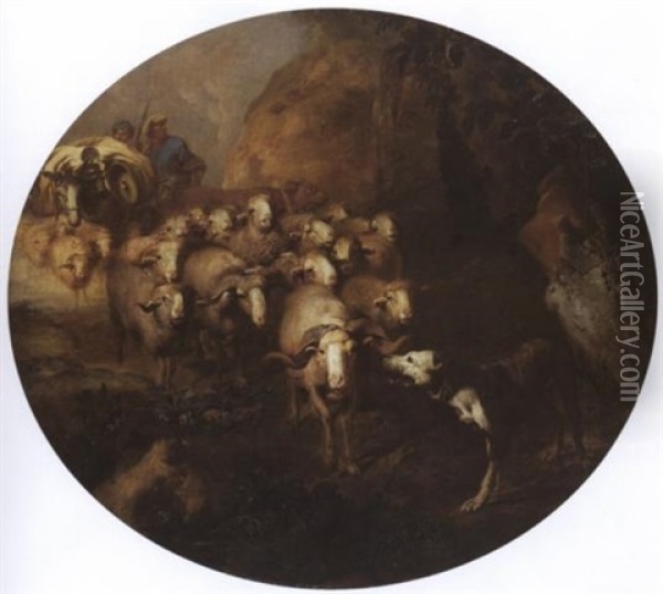 Schafherde Mit Hirten Und Hirtenhund Oil Painting - Giovanni Benedetto Castiglione