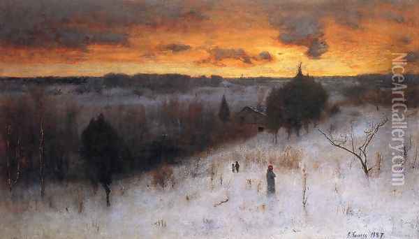 Winter Evening Oil Painting - George Inness
