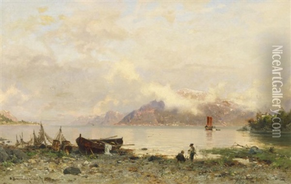 Sommertag An Einem Fjord In Norwegen Oil Painting - Georg Anton Rasmussen