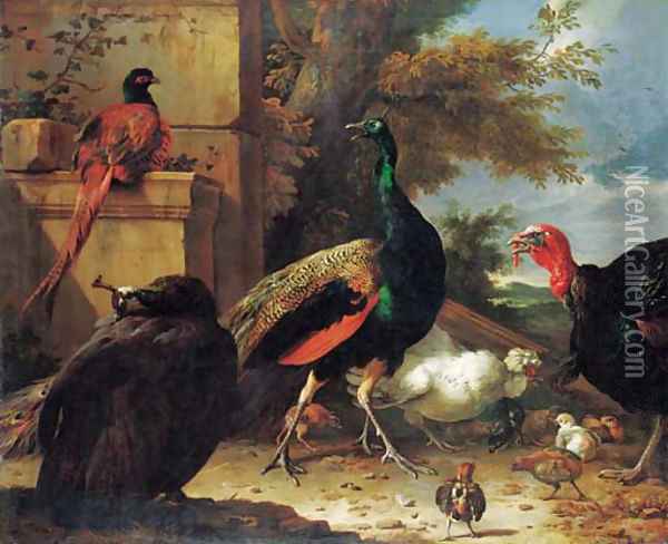 A peacock, a peahen, a pheasant, a turkey, a cockerel and chicks by a wall, a landscape beyond Oil Painting - Melchior de Hondecoeter