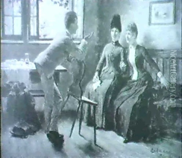 Der Student Im Gesprach Mit Zwei Jungen Damen In Der Stube Oil Painting - Otto Eckmann