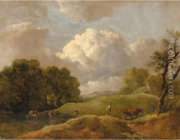 An Extensive Landscape With Cattle And A Drover Oil Painting - Thomas Gainsborough