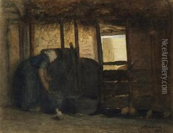Feeding In The Stables Oil Painting - Jacob Taanmann