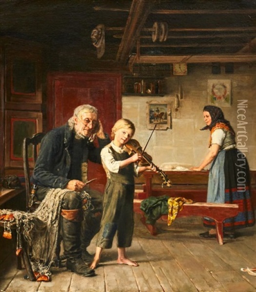 An Interior With A Boy Playing The Violin Oil Painting - Arvid Liljelund