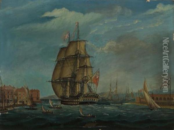 Navire Anglais Dans Un Port Oil Painting - Thomas Buttersworth
