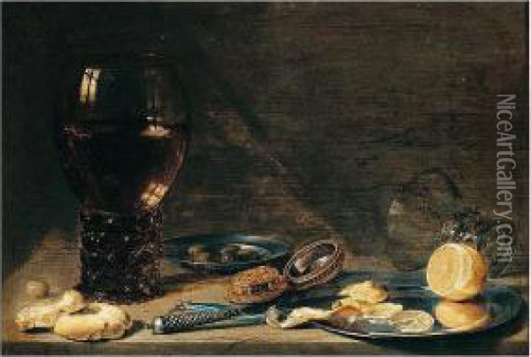 A Still Life Of A Roemer, Pewter
 Plates Bearing Olives And Lemons, A Watch And Other Objects On A Stone 
Ledge Oil Painting - Pieter Claesz.