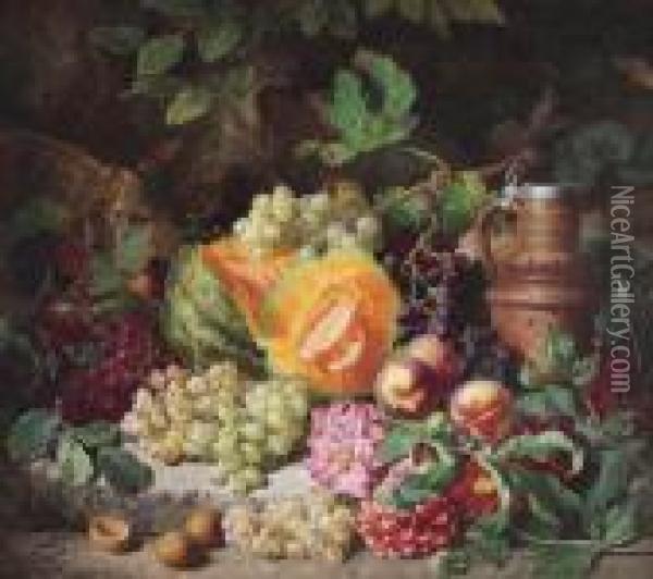 Rich Still Lifewith Fruit And A Decorative Clay Jug Oil Painting - Josef Lauer