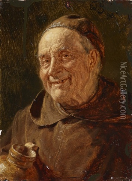 Monk With Earthen Wine Jug Oil Painting - Eduard von Gruetzner