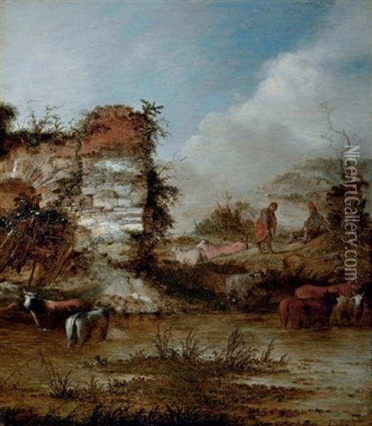 A River Landscape With Cattle Watering By A Ruin And Herdsmen Resting On The Bank Oil Painting - Jacob Sibrandi Mancadan