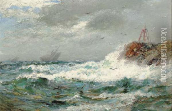 Waves Crashing Ashore With Shipping Beyond Oil Painting - James Gale Tyler