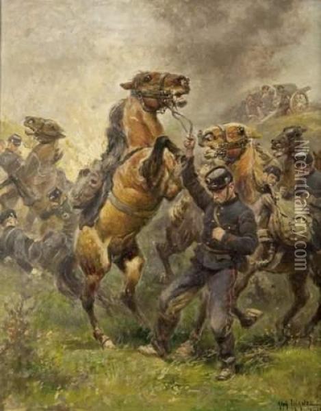 Choc De Cavalerie Oil Painting - Alphonse Lalauze