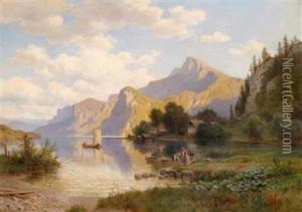 Heimkehr Derfischer An Einem Alpensee Oil Painting - Ludwig Halauska