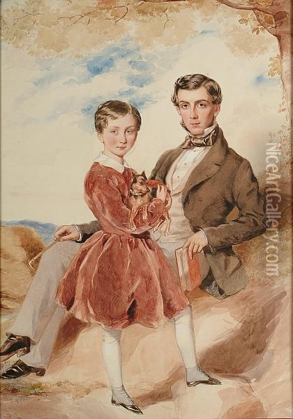 Portrait Of Two Brothers With A Dog Oil Painting - George Richmond