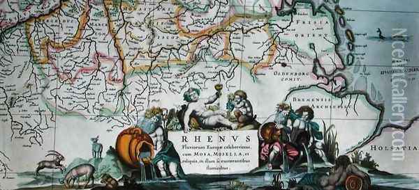 Cartouche of a map of the course of the Rhine Oil Painting - Hendrik I Hondius