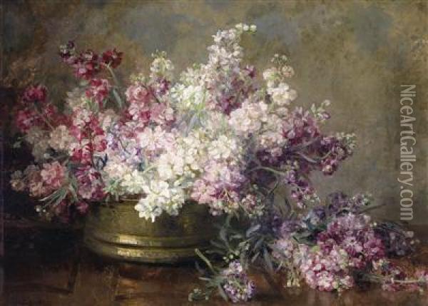 Copper Bowl Filled With White And Pink Matthiola Oil Painting - Marie Egner