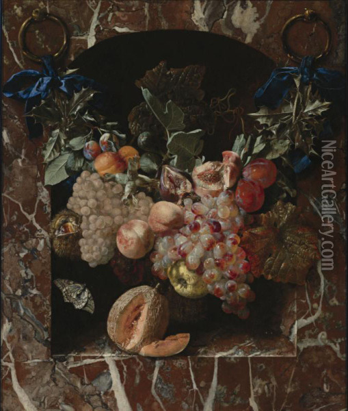 A Festoon Of Fruits, Including Peaches, Grapes, Plums And Hazelnuts, Suspended By Blue Ribbons Before A Marble Niche, With A Melon Resting On A Ledge Below Oil Painting - Carstiaen Luyckx
