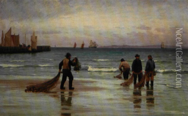 Fiskere Med Deres Garn Pa Hornbaek Strand Oil Painting - Carl Ludvig Thilson Locher