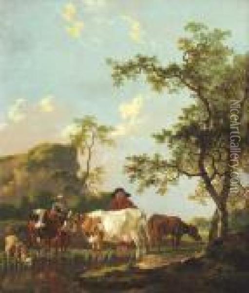 Landscape With Muleteer And Cattle
 Oleo Sobre Tabla Oil Painting - Barent Hendrik Thier