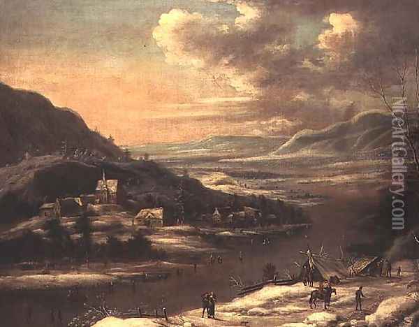Winter Landscape- Town by a Frozen River Oil Painting - Johann Christian Vollerdt or Vollaert