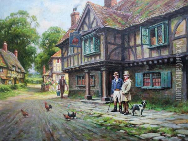 Village Street Scenes, Period Interiors, Cavaliers, Mail Coaches,tintern Abbey, Harvest Scene Etc. Oil Painting - Leonard Carr Cox