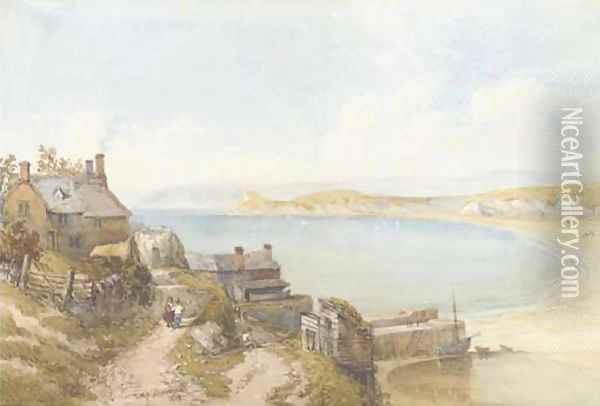 Figures on a coastal path, with boats in the bay beyond Oil Painting - Thomas Miles Richardson