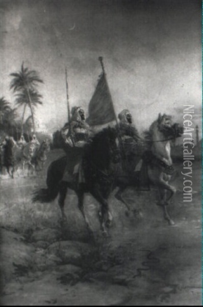 Arabs On Horseback Carrying A Red Flag Oil Painting - Francesco Coleman