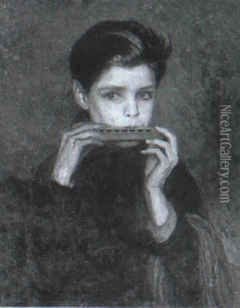 Portrait Of Philip Buchel With A Harmonica Oil Painting - Charles A. Buchel