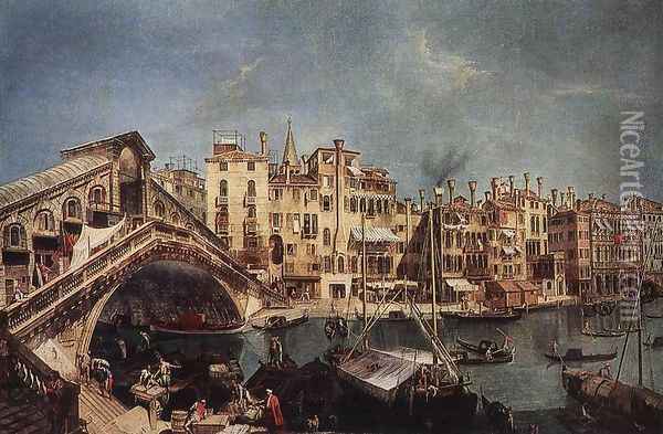 The Rialto Bridge from the Riva del Vin c. 1740 Oil Painting - Michele Marieschi