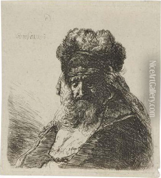 Old Bearded Man In A High Fur Cap, With Eyes Closed Oil Painting - Rembrandt Van Rijn