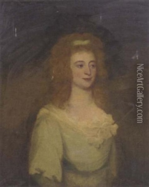Portrait Of Mrs. Dennis In A Blue Dress Oil Painting - Sir John Hoppner